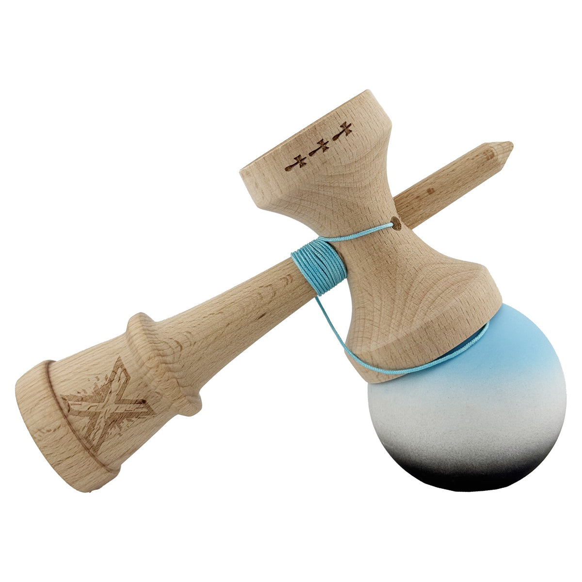 Kendama X Originala, Model V3 Albastru Deschis / Alb / Negru in Degrade, Profesionala, Cupe Mari King Size, Rubber Grip, Gaura in Baza, Rulment, Ata 62cm
