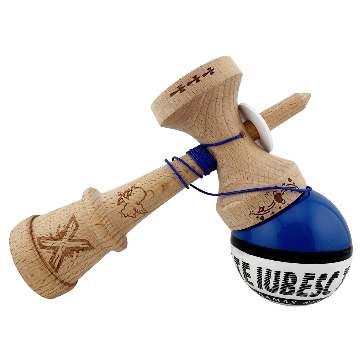 Kendama X Valentine's Day Originala, Model V3 Albastru / Alb, Profesionala, Cupe Mari King Size, Super Sticky, Gaura in Baza, Rulment, Ata 62cm
