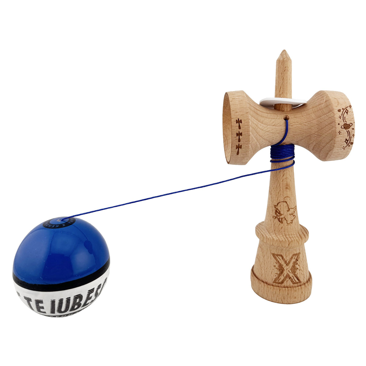 Kendama X Valentine's Day Originala, Model V3 Albastru / Alb, Profesionala, Cupe Mari King Size, Super Sticky, Gaura in Baza, Rulment, Ata 62cm