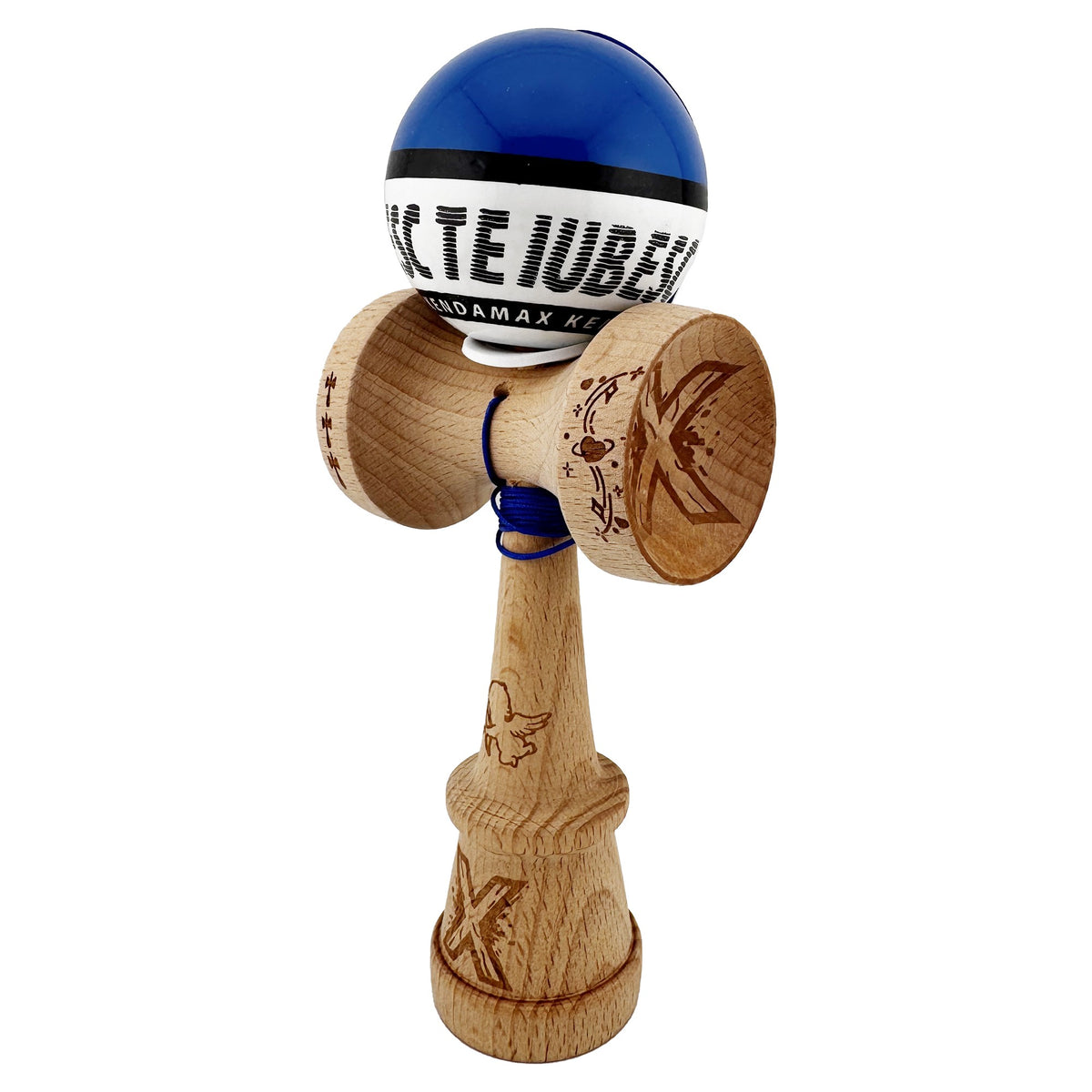Kendama X Valentine's Day Originala, Model V3 Albastru / Alb, Profesionala, Cupe Mari King Size, Super Sticky, Gaura in Baza, Rulment, Ata 62cm