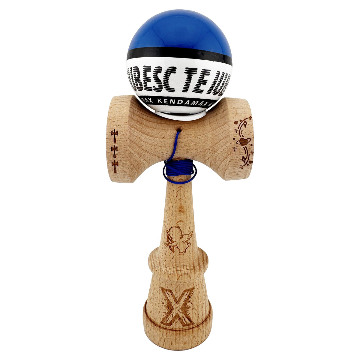 Kendama X Valentine's Day Originala, Model V3 Albastru / Alb, Profesionala, Cupe Mari King Size, Super Sticky, Gaura in Baza, Rulment, Ata 62cm