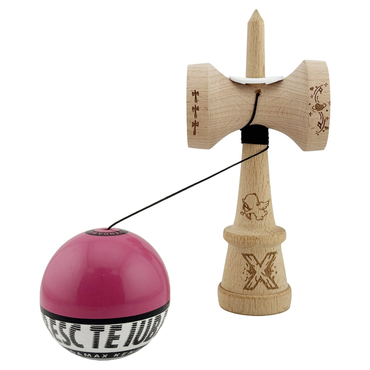 Kendama X Valentine's Day Originala, Model V3 Roz / Alb, Profesionala, Cupe Mari King Size, Super Sticky, Gaura in Baza, Rulment, Ata 62cm
