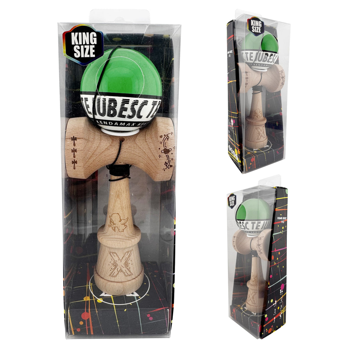 Kendama X Valentine's Day Originala, Model V3 Verde / Alb, Profesionala, Cupe Mari King Size, Super Sticky, Gaura in Baza, Rulment, Ata 62cm
