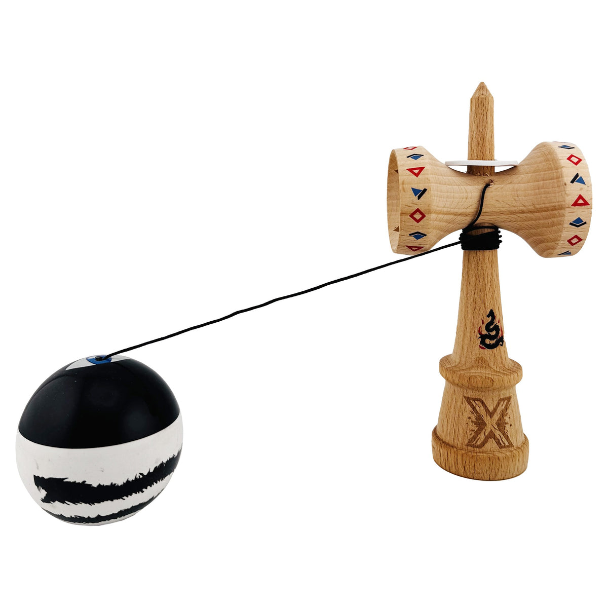 Kendama X Dragon Originala, Model V3 Alb / Negru, Profesionala, Cupe Mari King Size, Super Sticky, Gaura in Baza, Rulment, Ata 62cm