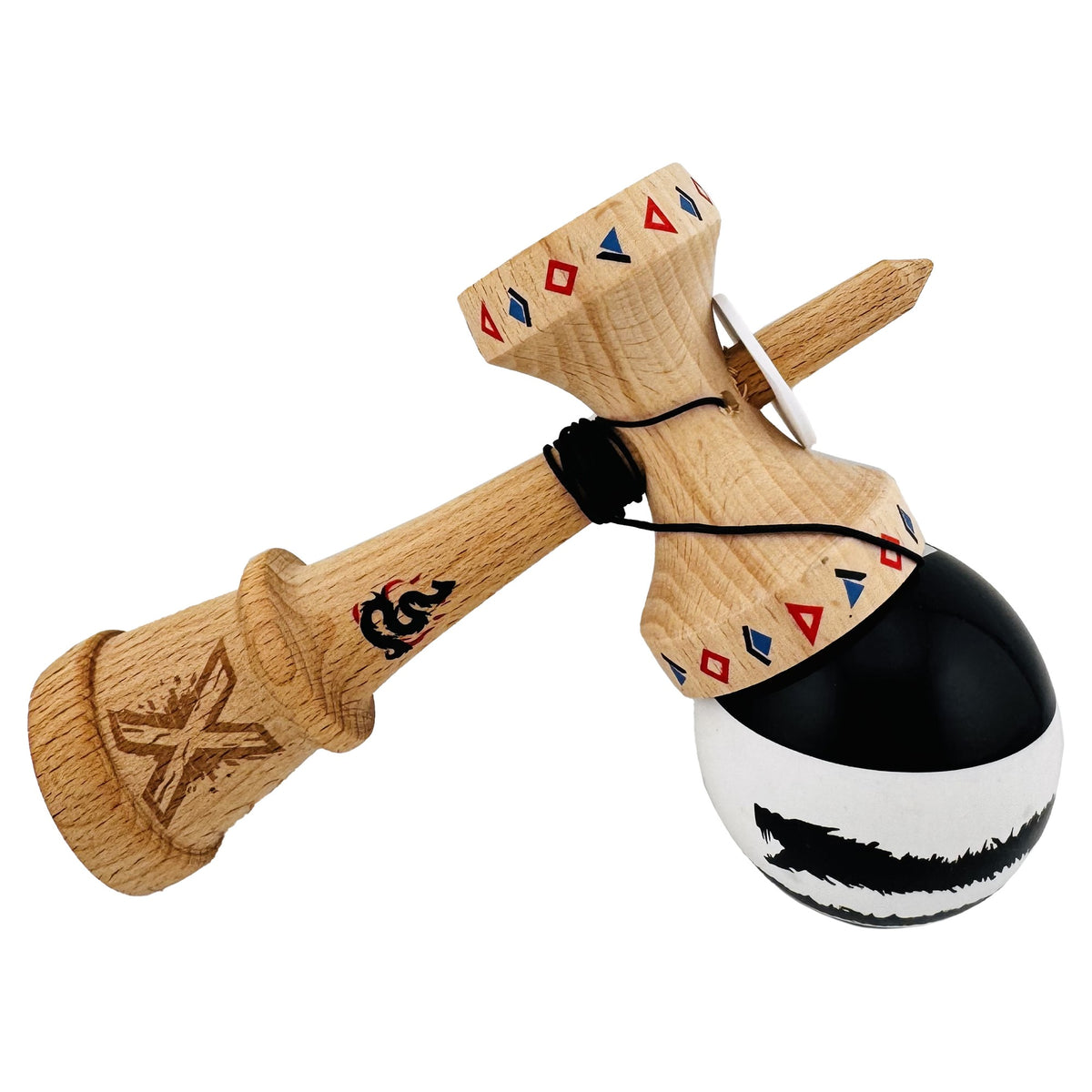 Kendama X Dragon Originala, Model V3 Alb / Negru, Profesionala, Cupe Mari King Size, Super Sticky, Gaura in Baza, Rulment, Ata 62cm