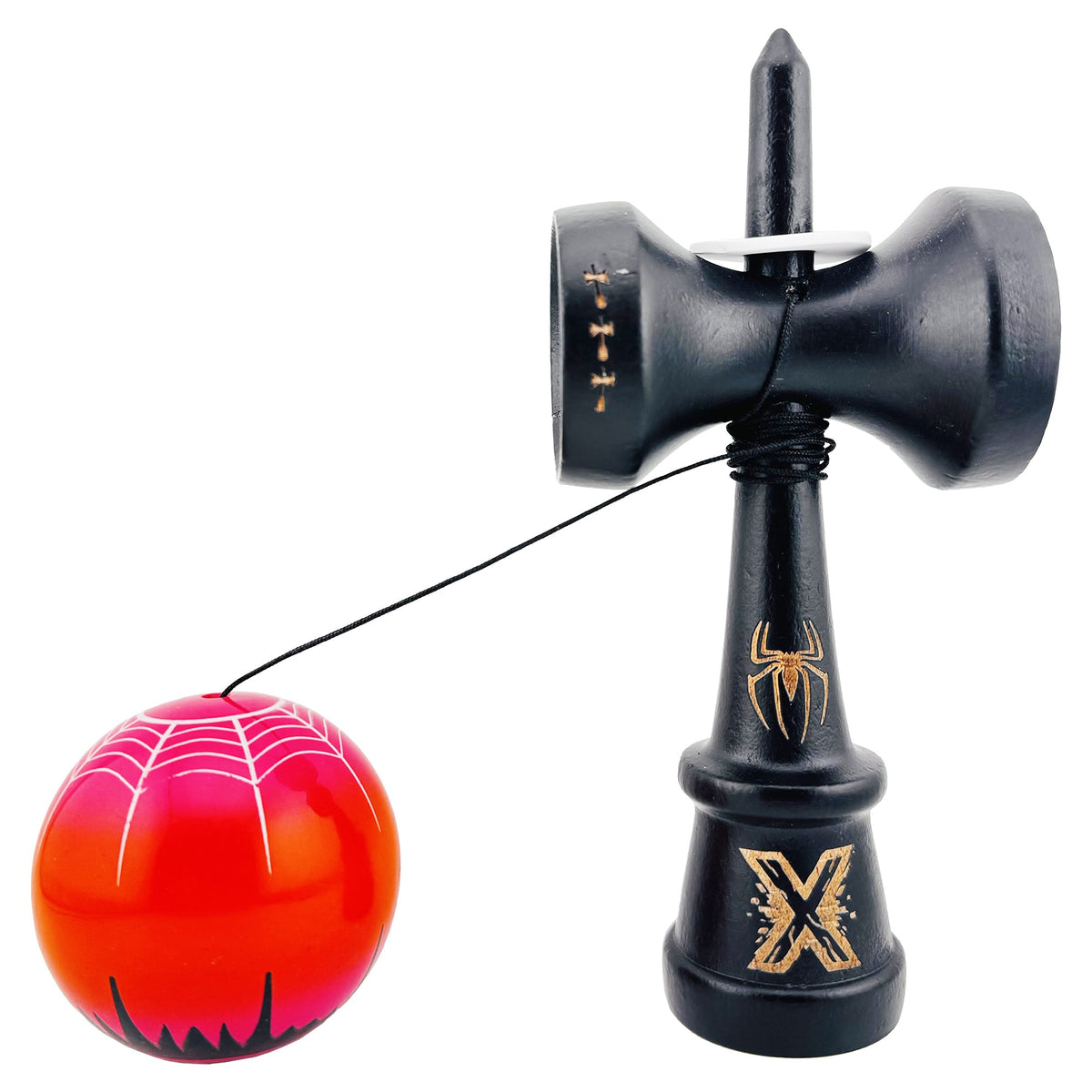 Kendama X Black Spider King Originala, Model V3 Negru / Rosu, Profesionala, Cupe Mari King Size, Super Sticky, Gaura in Baza, Rulment, Ata 62cm