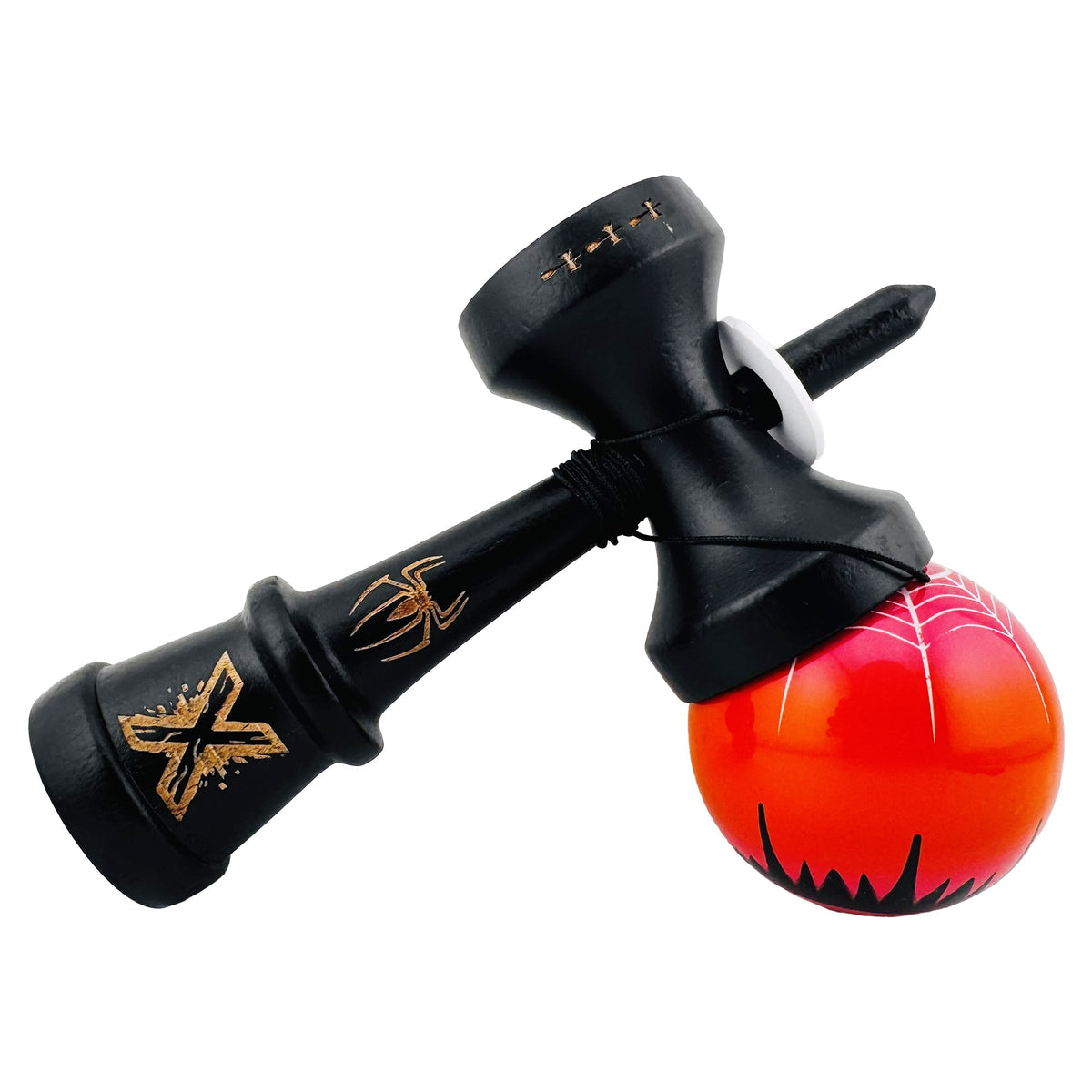 Kendama X Black Spider King Originala, Model V3 Negru / Rosu, Profesionala, Cupe Mari King Size, Super Sticky, Gaura in Baza, Rulment, Ata 62cm