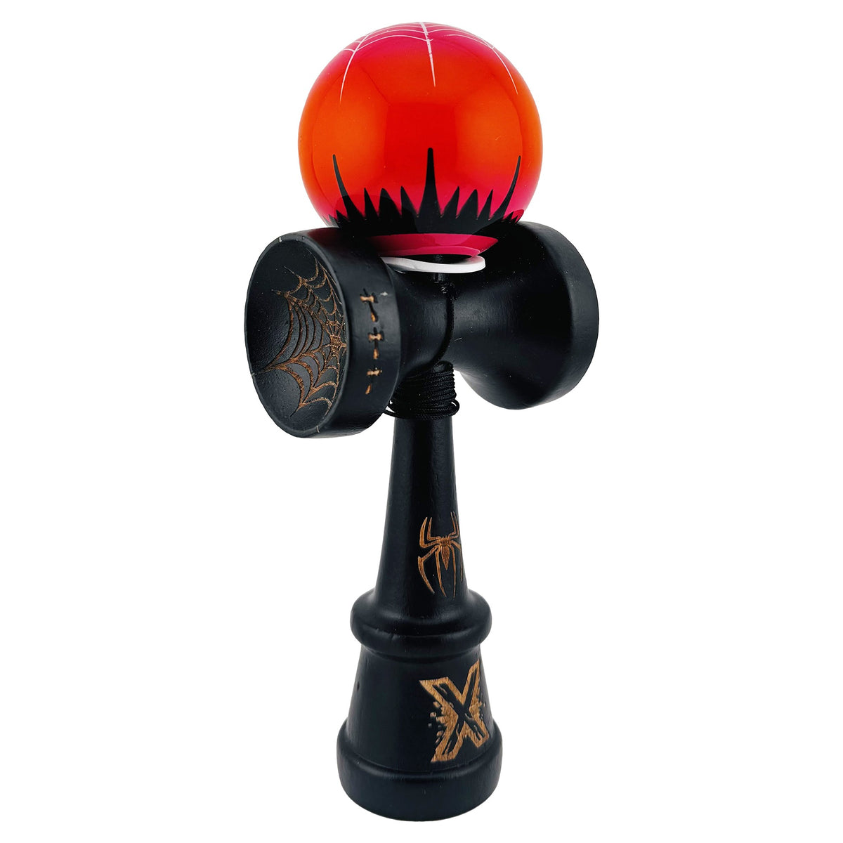 Kendama X Black Spider King Originala, Model V3 Negru / Rosu, Profesionala, Cupe Mari King Size, Super Sticky, Gaura in Baza, Rulment, Ata 62cm