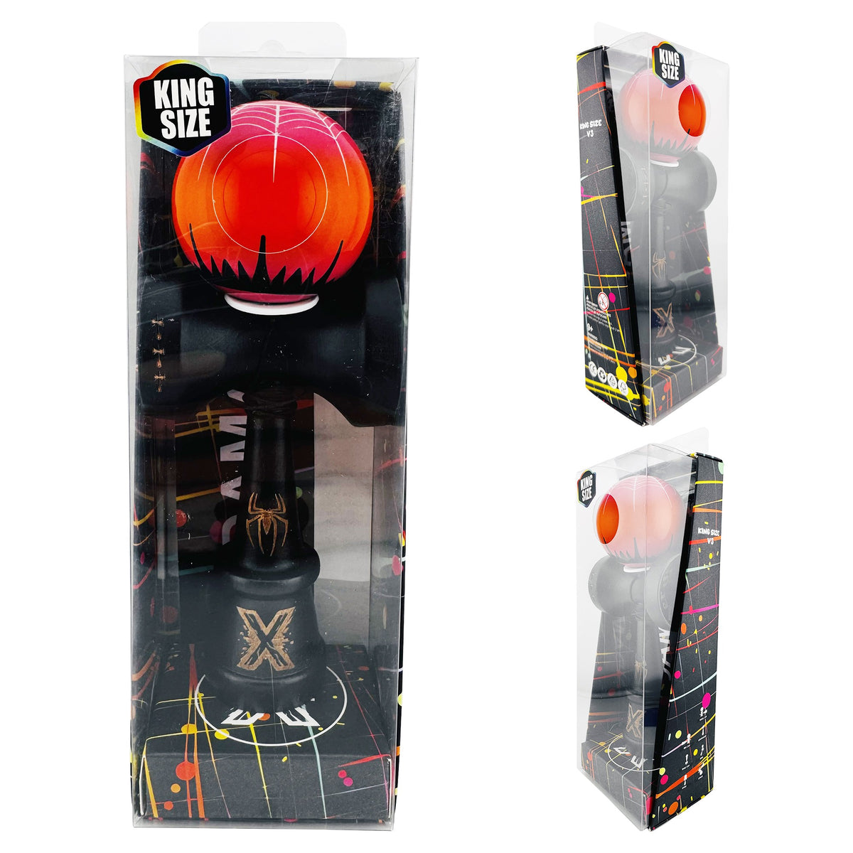 Kendama X Black Spider King Originala, Model V3 Negru / Rosu, Profesionala, Cupe Mari King Size, Super Sticky, Gaura in Baza, Rulment, Ata 62cm