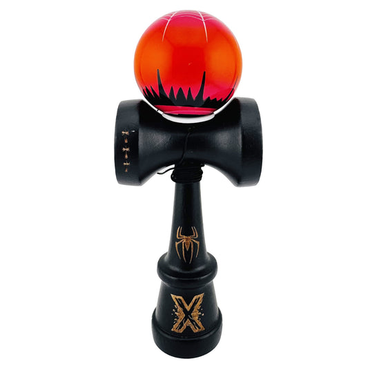 Kendama X Black Spider King Originala, Model V3 Negru / Rosu, Profesionala, Cupe Mari King Size, Super Sticky, Gaura in Baza, Rulment, Ata 62cm