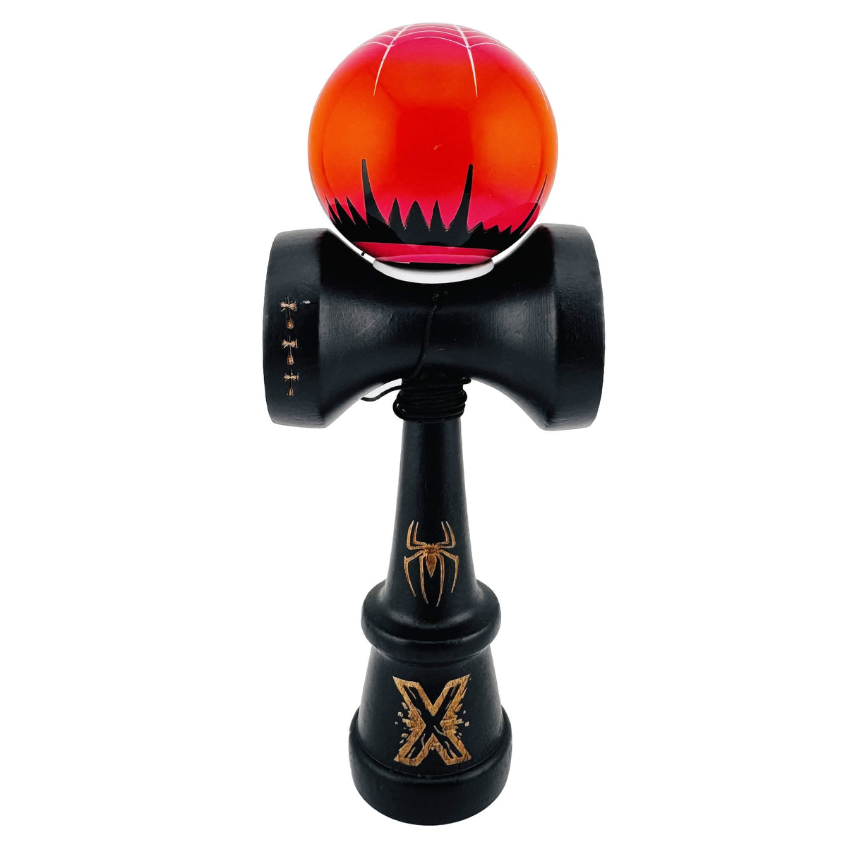 Kendama X Black Spider King Originala, Model V3 Negru / Rosu, Profesionala, Cupe Mari King Size, Super Sticky, Gaura in Baza, Rulment, Ata 62cm