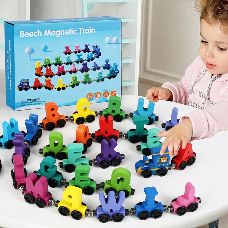 Trenuleț Magnetic Educativ, Model Alfabet cu 26 Litere, Jucărie de Asamblat pentru Copii, Lemn, Multicolor, +3 Ani