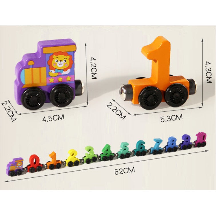 Trenulet Magnetic Educativ, Model Cifre pentru Invatare Timpurie, Jucarie de Asamblat, Lemn Natural, 62 cm, Multicolor