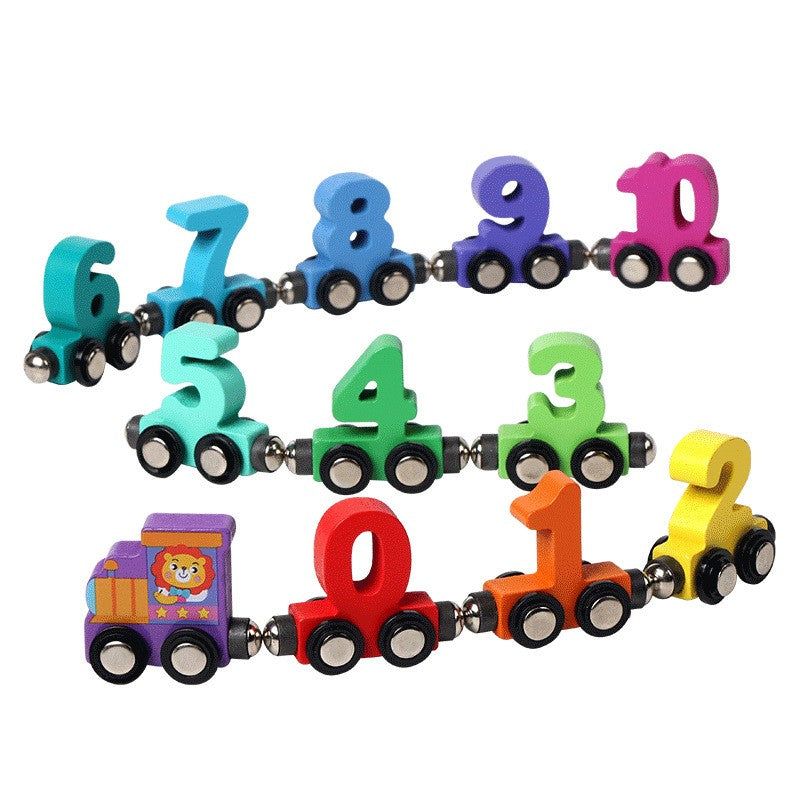 Trenulet Magnetic Educativ, Model Cifre pentru Invatare Timpurie, Jucarie de Asamblat, Lemn Natural, 62 cm, Multicolor