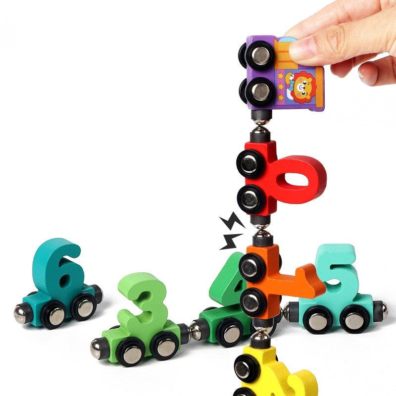 Trenulet Magnetic Educativ, Model Cifre pentru Invatare Timpurie, Jucarie de Asamblat, Lemn Natural, 62 cm, Multicolor
