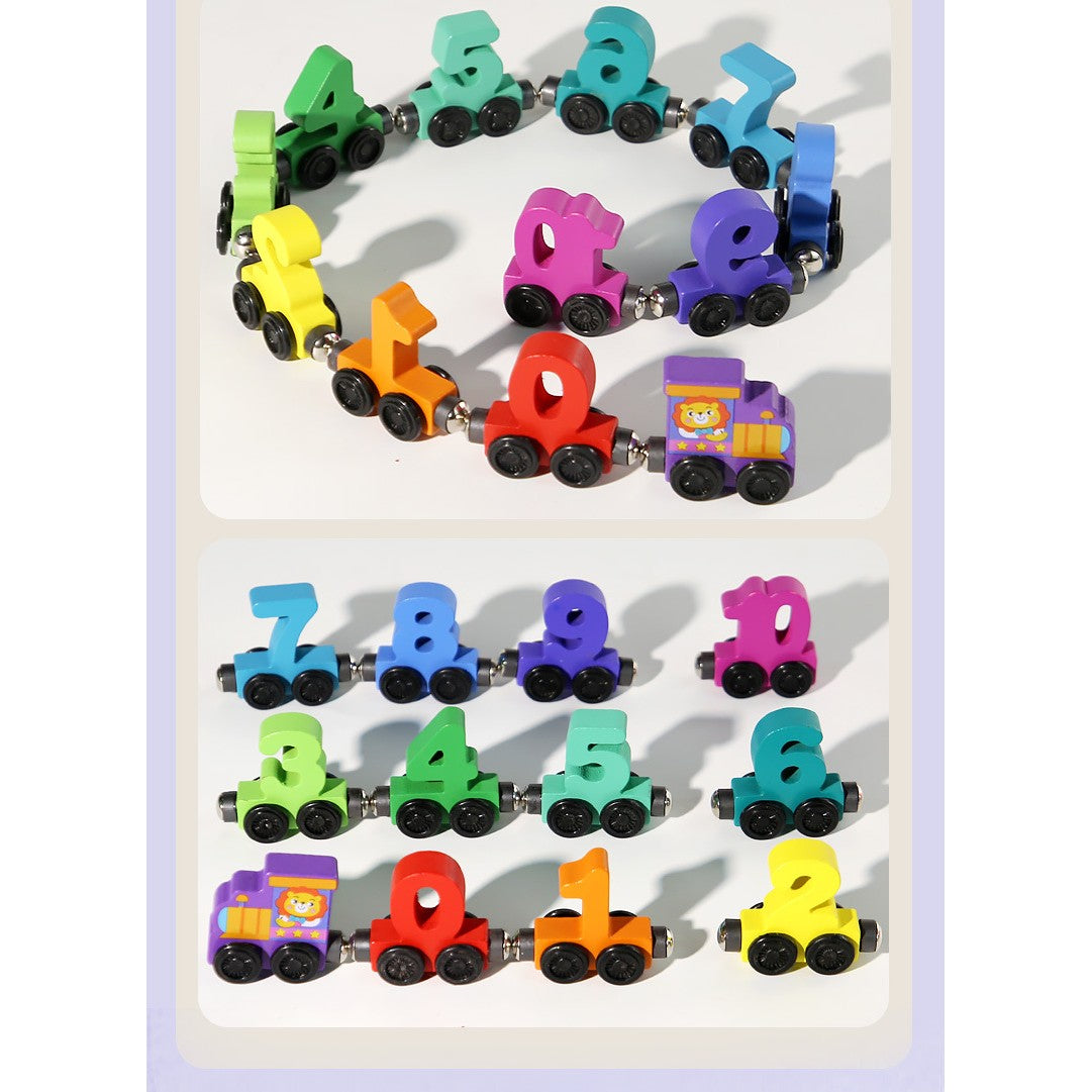 Trenulet Magnetic Educativ, Model Cifre pentru Invatare Timpurie, Jucarie de Asamblat, Lemn Natural, 62 cm, Multicolor