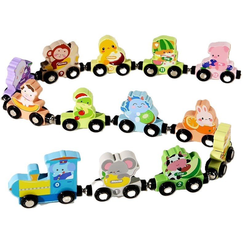 Trenulet Magnetic Educativ, Model Zoo cu 12 Animale, Jucarie de Asamblat pentru Copii, Lemn, 92 cm, Multicolor, +3 Ani