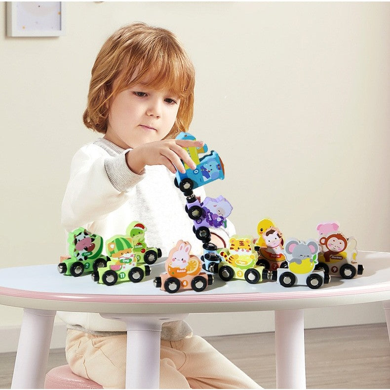 Trenulet Magnetic Educativ, Model Zoo cu 12 Animale, Jucarie de Asamblat pentru Copii, Lemn, 92 cm, Multicolor, +3 Ani