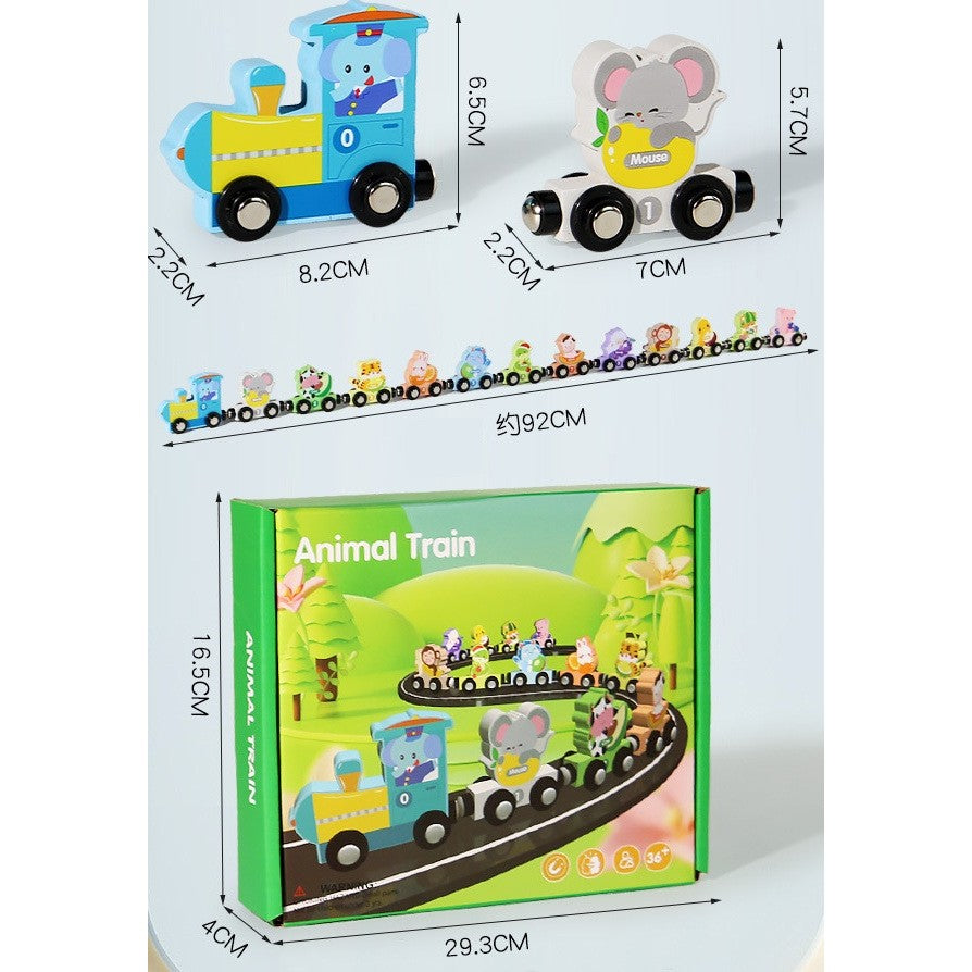 Trenulet Magnetic Educativ, Model Zoo cu 12 Animale, Jucarie de Asamblat pentru Copii, Lemn, 92 cm, Multicolor, +3 Ani