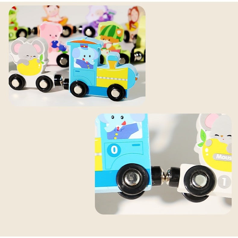 Trenulet Magnetic Educativ, Model Zoo cu 12 Animale, Jucarie de Asamblat pentru Copii, Lemn, 92 cm, Multicolor, +3 Ani