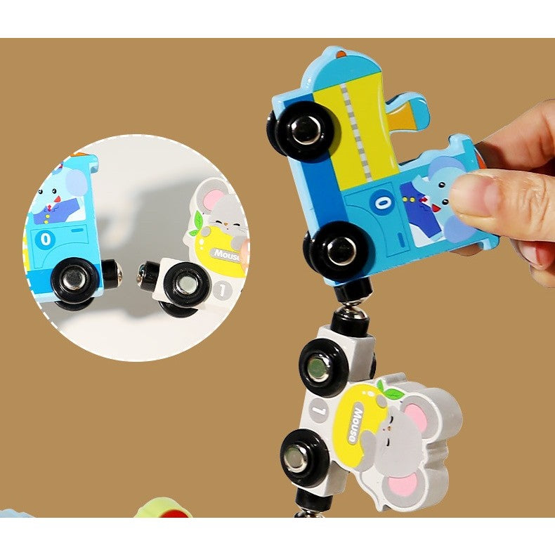 Trenulet Magnetic Educativ, Model Zoo cu 12 Animale, Jucarie de Asamblat pentru Copii, Lemn, 92 cm, Multicolor, +3 Ani