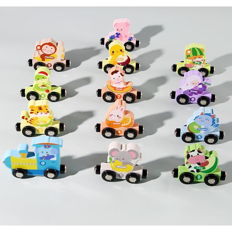 Trenulet Magnetic Educativ, Model Zoo cu 12 Animale, Jucarie de Asamblat pentru Copii, Lemn, 92 cm, Multicolor, +3 Ani