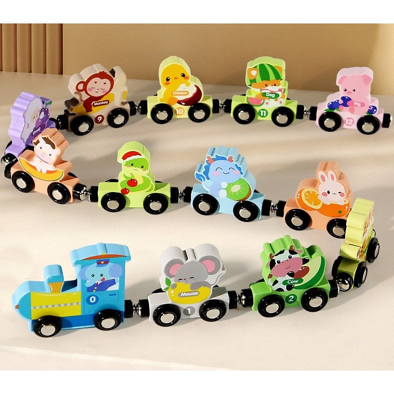 Trenulet Magnetic Educativ, Model Zoo cu 12 Animale, Jucarie de Asamblat pentru Copii, Lemn, 92 cm, Multicolor, +3 Ani