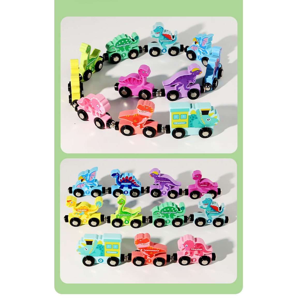 Trenulet Magnetic Educativ cu Dinozauri, Jucarie de Asamblat pentru Dezvoltare Cognitiva, Lemn Naturale, 10 Piese, +3 Ani, Multicolor