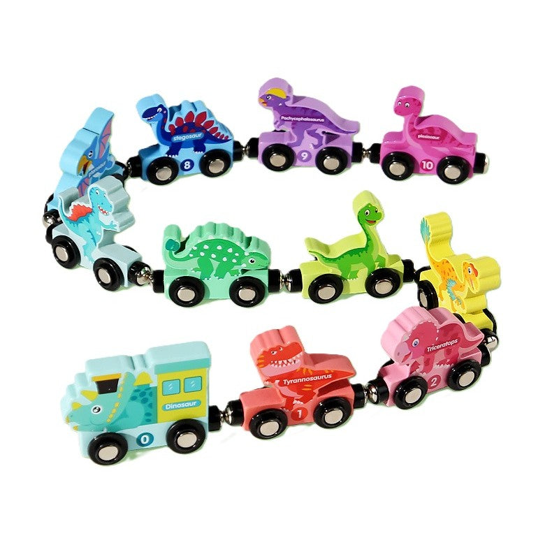 Trenulet Magnetic Educativ cu Dinozauri, Jucarie de Asamblat pentru Dezvoltare Cognitiva, Lemn Naturale, 10 Piese, +3 Ani, Multicolor