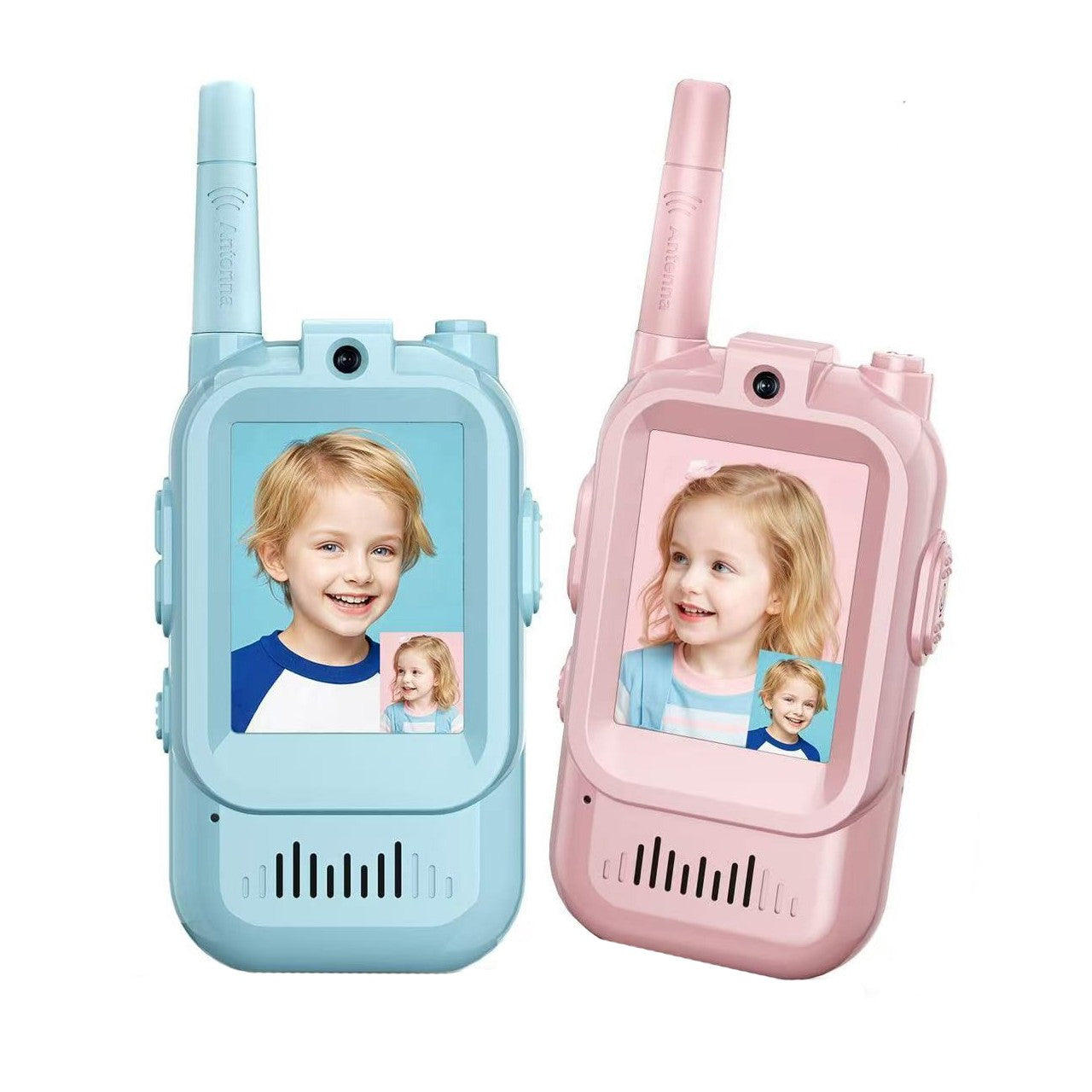 Set Walkie Talkie WiFi pentru Copii cu Apel Video, Ecran 2 Inch si Efecte Voce, Raza 500 m, Reincarcabil USB Type-C, Plastic Rezistent, Set 2 Statii, Roz/Albastru