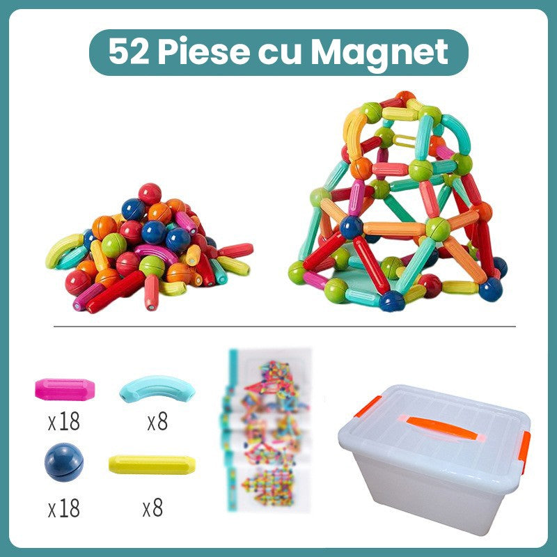 Piese Magnetice pentru Copii, Joc de Constructie Educational STEM, Forme Geometrice 2D si 3D, Plastic cu Magneti, Set 52 Piese, Multicolor