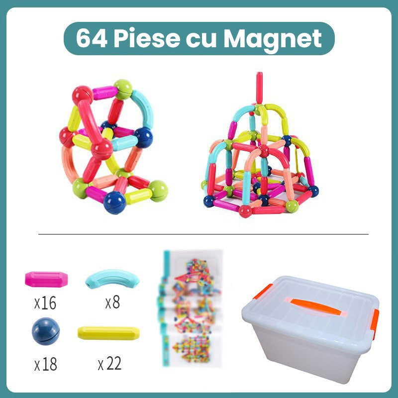 Set de Constructie Magnetic pentru Copii, Joc Educativ STEM 2D si 3D, Plastic cu Magneti Integrati, 64 Piese, Multicolor