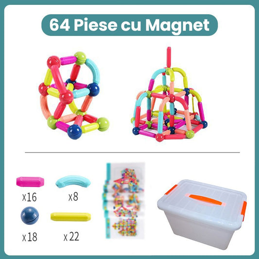 Set de Constructie Magnetic pentru Copii, Joc Educativ STEM 2D si 3D, Plastic cu Magneti Integrati, 64 Piese, Multicolor