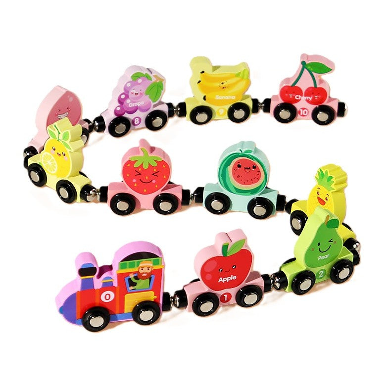 Trenulet Magnetic Educativ cu 10 Vagoane Fructe, Jucarie de Asamblat pentru Dezvoltarea Motricitatii, Lemn, Multicolor, +3 Ani
