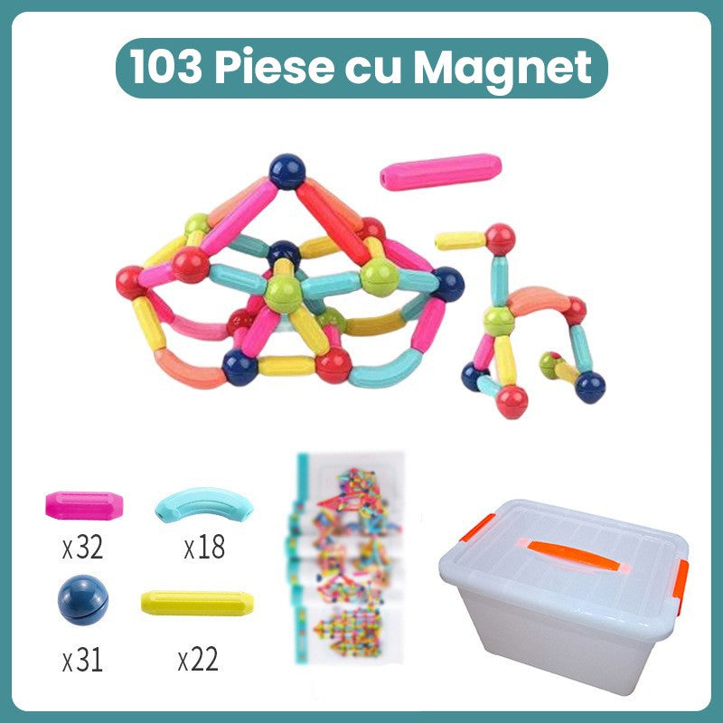 Set Constructie Magnetice pentru Copii, Joc Educativ STEM, Constructor Forme 2D si 3D, Plastic cu Magneti Integrati, 103 Piese, Multicolor