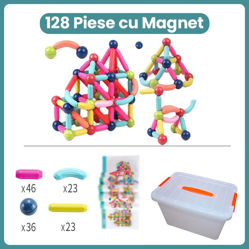 Set de Constructie Magnetic pentru Copii, Joc Educativ STEM, Piese Magnetice pentru Forme 2D si 3D, Plastic cu Magneti, 128 Piese, Multicolor