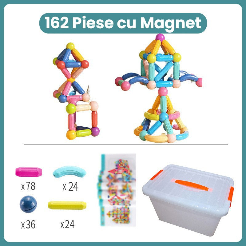 Set de Constructie Magnetic pentru Copii, Joc Educativ STEM, Piese Geometrice 2D si 3D, Plastic cu Magneti, 162 Piese, Multicolor