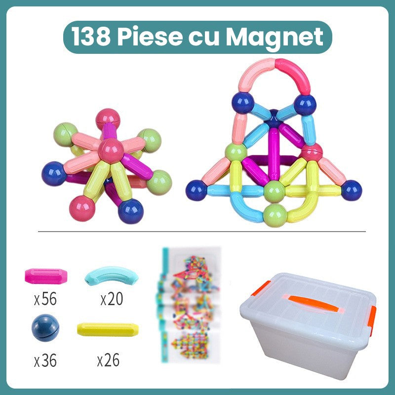 Set Constructor Magnetic pentru Copii, Joc Educativ STEM, Piese Magnetice 2D si 3D, Plastic cu Magneti Integrati, 138 Piese, Multicolor