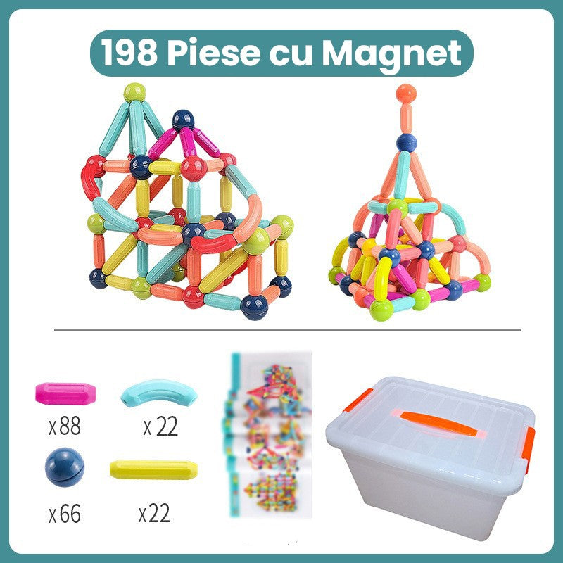 Set Constructor Magnetic pentru Copii, Joc Educativ STEM, Constructii 2D si 3D, Plastic cu Magneti Integrati, 198 Piese, Multicolor