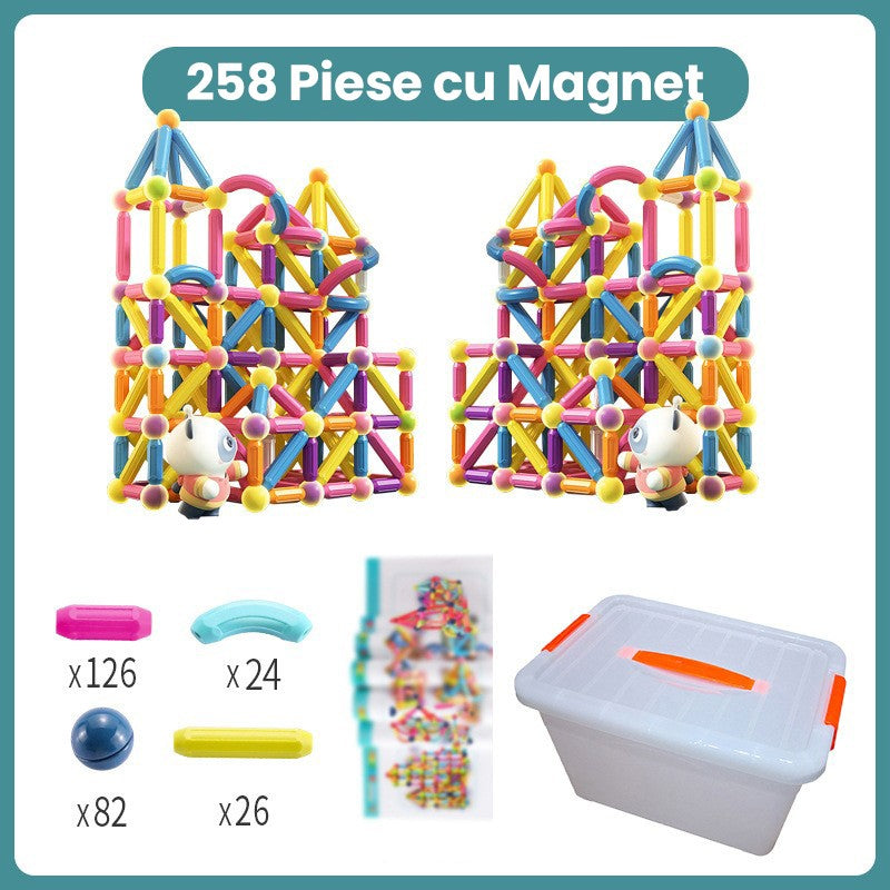 Set de Constructie Magnetic pentru Copii, Joc Educativ STEM, Dezvoltare Creativitate si Logica, Plastic cu Magneti Integrati, 258 Piese, Multicolor