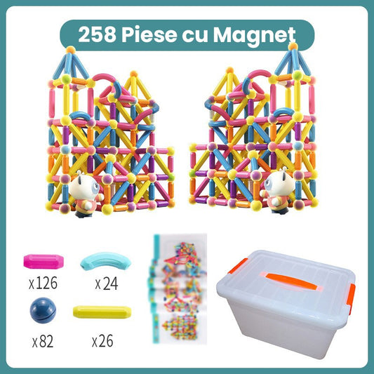 Set de Constructie Magnetic pentru Copii, Joc Educativ STEM, Dezvoltare Creativitate si Logica, Plastic cu Magneti Integrati, 258 Piese, Multicolor