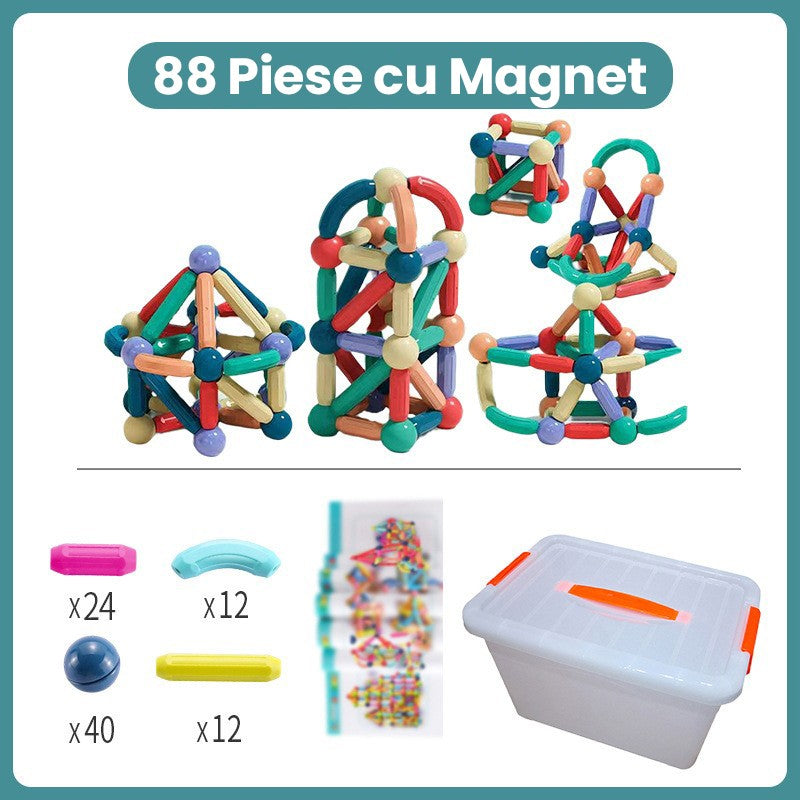 Set Constructor Magnetic pentru Copii, Joc Educativ STEM, Constructii Geometrice 2D si 3D, Plastic cu Magneti Integrati, 88 Piese, Multicolor