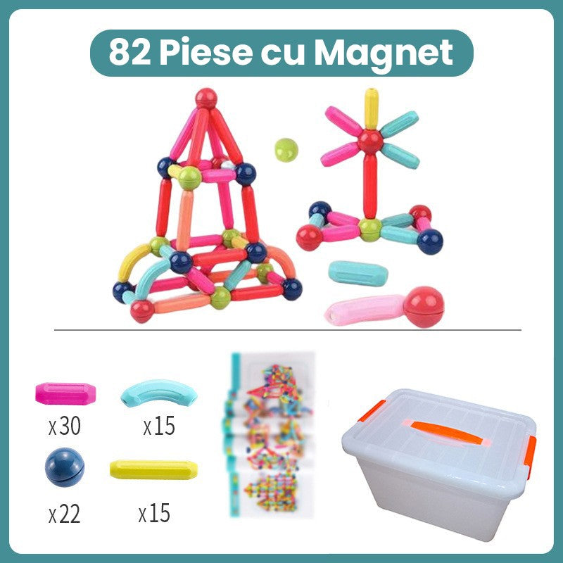 Set Constructor Magnetic pentru Copii, Joc Educativ STEM, Constructii Geometrice 2D si 3D, Plastic cu Magneti Integrati, 82 Piese, Multicolor