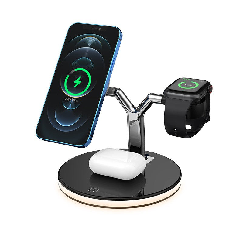 Statie de Incarcare Wireless 3 in 1, Incarcator MagSafe Rapid 25W, Compatibil cu iPhone, Apple Watch si AirPods, Lumina de Noapte Reglabila, Design Detasabil, Port USB, Interfata Type-C, Negru
