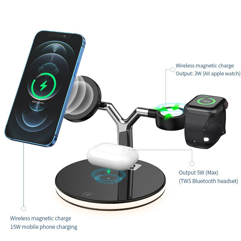 Statie de Incarcare Wireless 3 in 1, Incarcator MagSafe Rapid 25W, Compatibil cu iPhone, Apple Watch si AirPods, Lumina de Noapte Reglabila, Design Detasabil, Port USB, Interfata Type-C, Negru