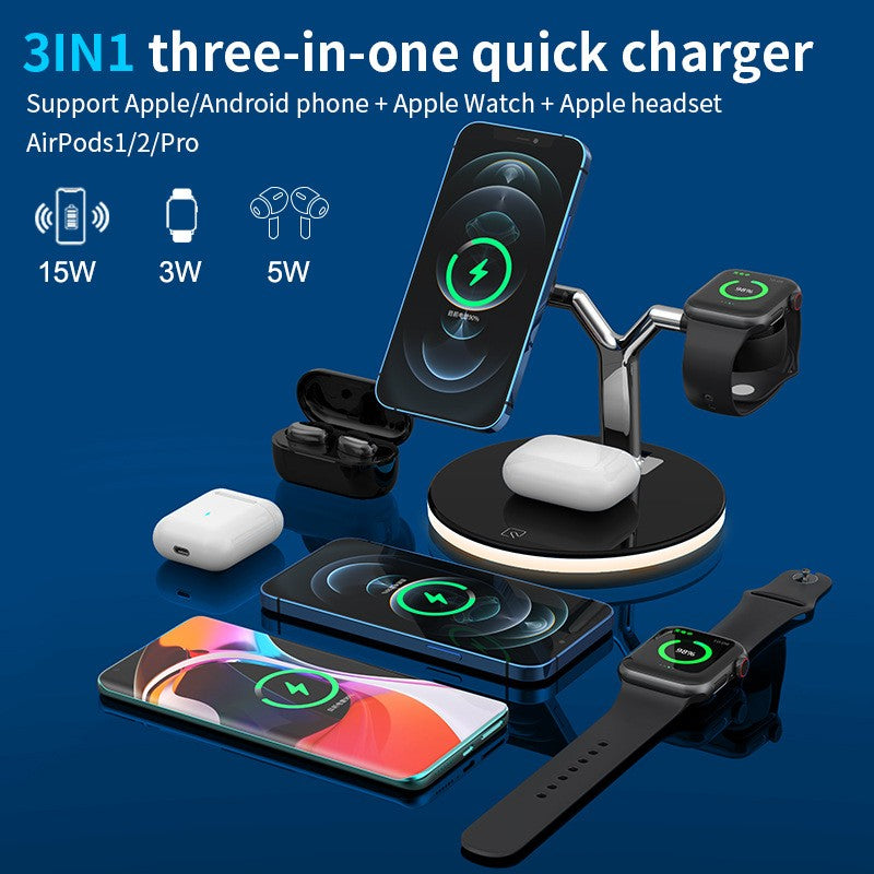 Statie de Incarcare Wireless 3 in 1, Incarcator MagSafe Rapid 25W, Compatibil cu iPhone, Apple Watch si AirPods, Lumina de Noapte Reglabila, Design Detasabil, Port USB, Interfata Type-C, Negru