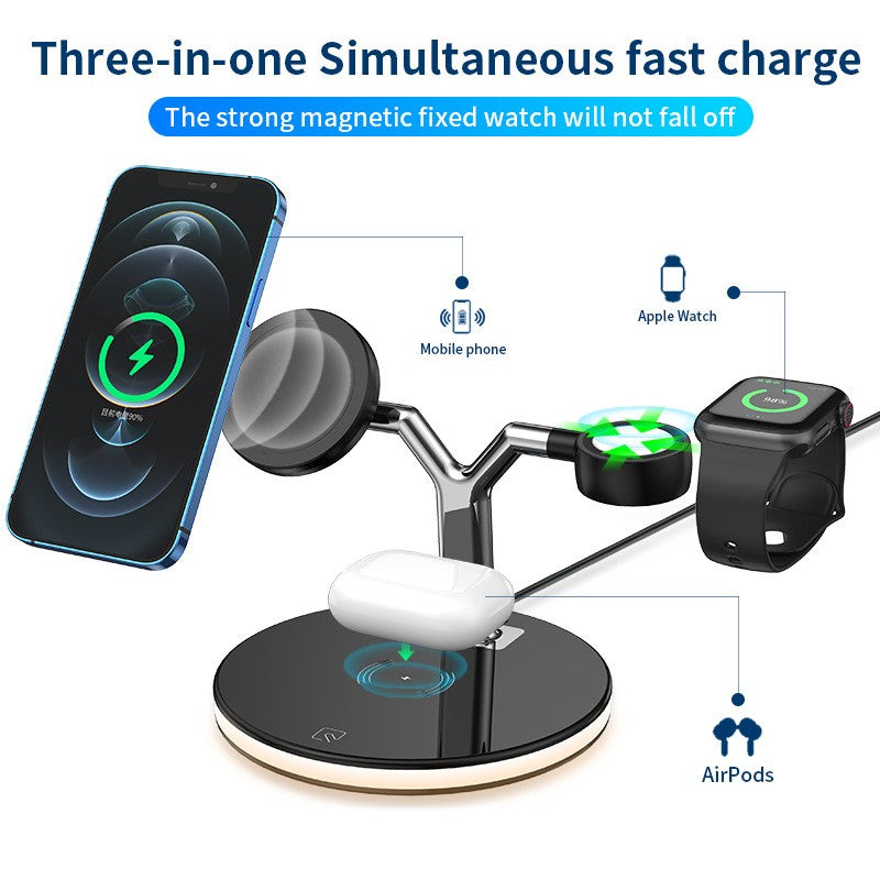 Statie de Incarcare Wireless 3 in 1, Incarcator MagSafe Rapid 25W, Compatibil cu iPhone, Apple Watch si AirPods, Lumina de Noapte Reglabila, Design Detasabil, Port USB, Interfata Type-C, Negru