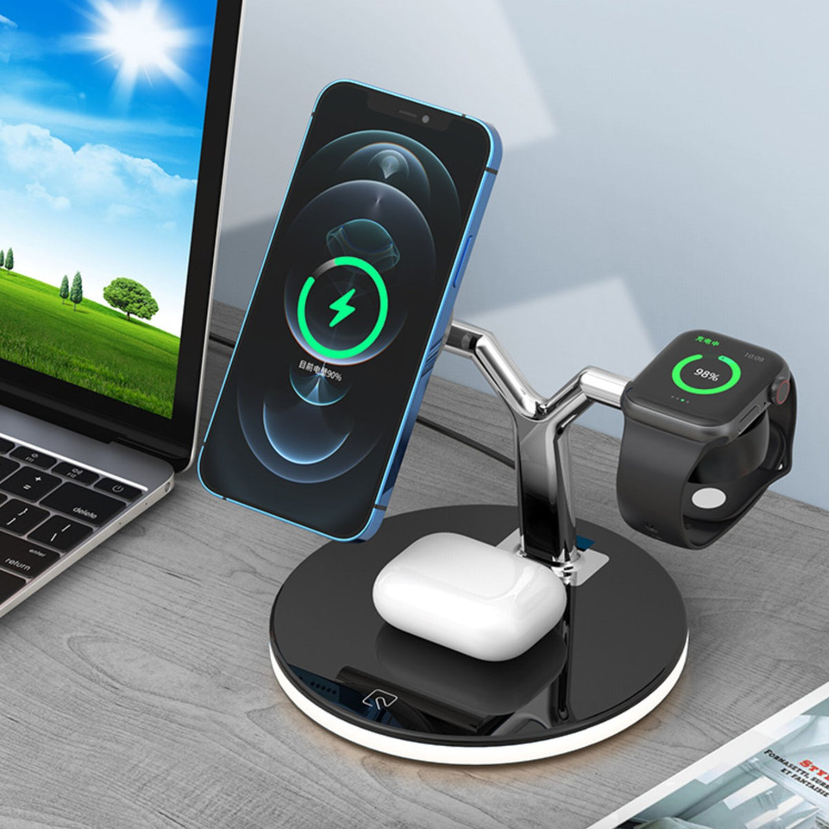 Statie de Incarcare Wireless 3 in 1, Incarcator MagSafe Rapid 25W, Compatibil cu iPhone, Apple Watch si AirPods, Lumina de Noapte Reglabila, Design Detasabil, Port USB, Interfata Type-C, Negru