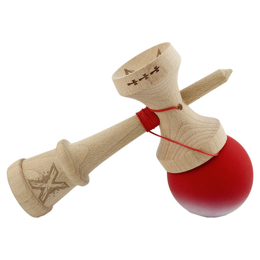 Kendama X Originala, Model V3 Rosu / Alb in Degrade, Profesionala, Cupe Mari King Size, Rubber Grip, Gaura in Baza, Rulment, Ata 55cm