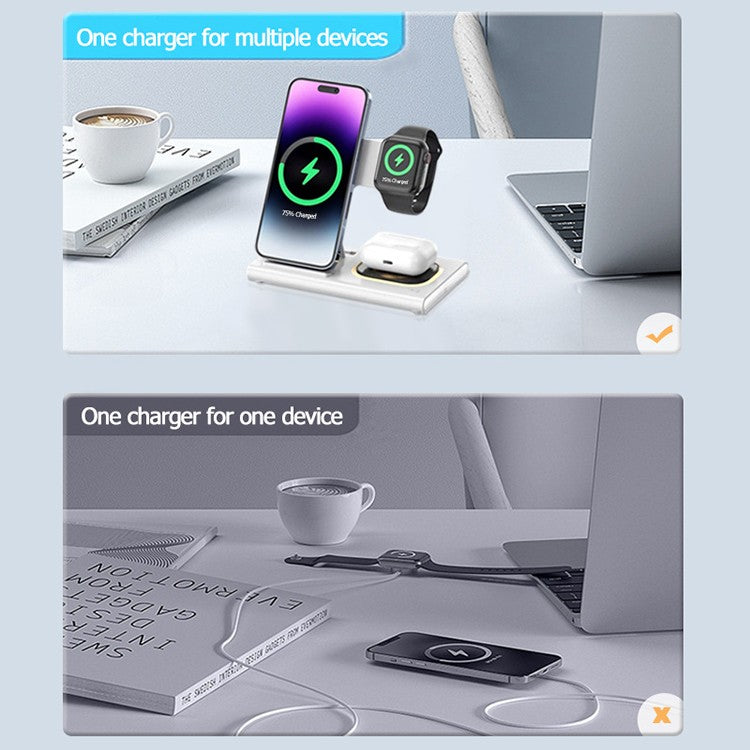 Incarcator Wireless 3 in 1 Fast Charger, Statie de Incarcare Rapida 15W, Design Pliabil pentru iPhone, Apple Watch si AirPods, ABS, 16.5 x 14 x 9.5 cm, Alb
